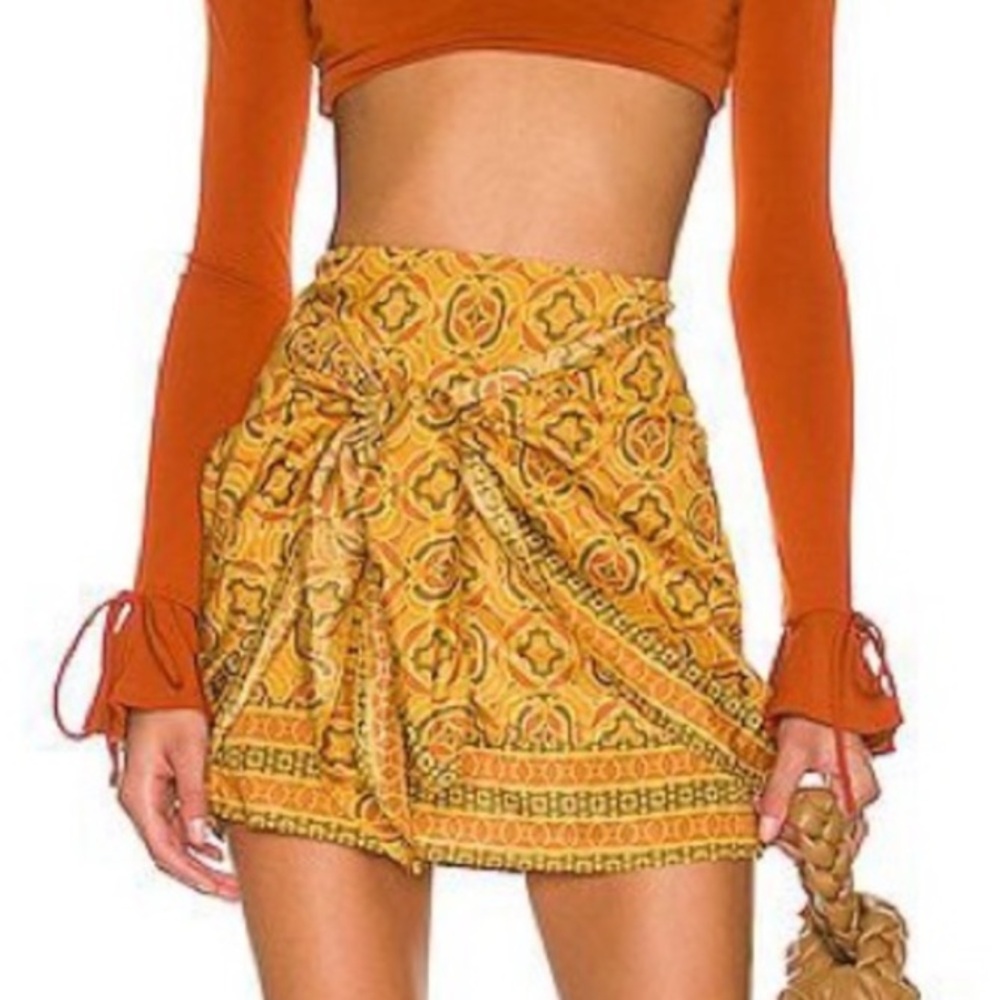Free People Yellow Printed Wrap Mini Skirt